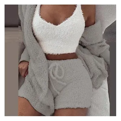 (Grey, 3XL) 3pcs Plush Pajamas Set Women Plush Vest Coat Shorts Casual Loungewear Set