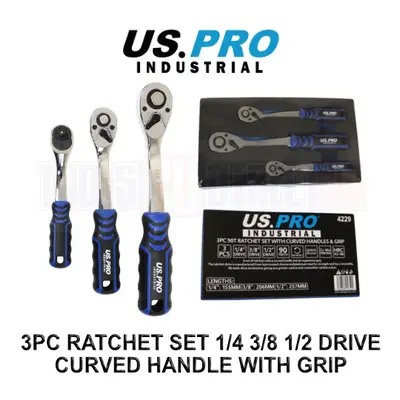 US PRO INDUSTRIAL 3pc 90t Ratchet Set 1/4 3/8 1/2 Drives Curved Handle With Grip