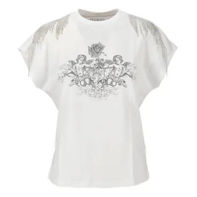 GUESS Women's Short Sleeve Royal Fringe Top Pure White