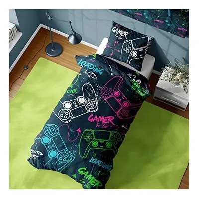 Gamer Single Duvet Cover - Neon Gaming Controllers Design - Reversible Bedding Set - Polycotton