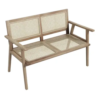 Wood Garden Bench 2-Person Patio Lounger Loveseat With Rattan Backrest & Seat