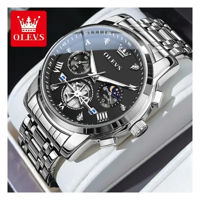 (silver black) OLEVS Men's Watches Classic Multifunctional Fltwheel Chronograph Original Quartz 