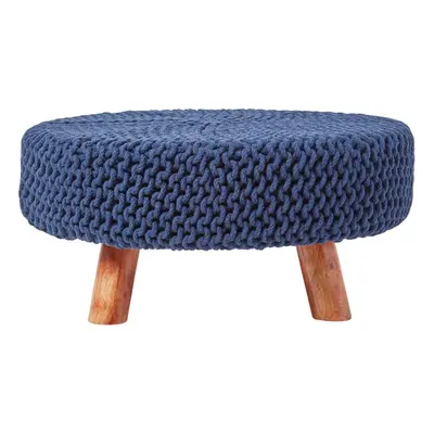 (Navy Blue) Knitted Cotton Footstool with Wooden Legs Large x x cm