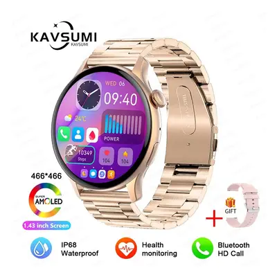 (Gold Steel, Original AMOLED) KAVSUMI Smart Watch Women Men Bluetooth Call Always Display Time H