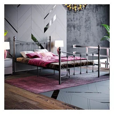 (Small Double, Black) Paris Metal Bed Frame Curved High Foot Slatted