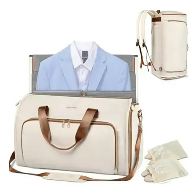 (Beige) Travel Suit Bag Convertible Garment Bag Wearable Folding Storage Hanging Clothes Bag Cro