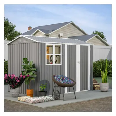 (8X6FT, Grey) BIRCHTREE Outdoor Garden Shed Steel Apex Roof Tool With Doors Window Foundation