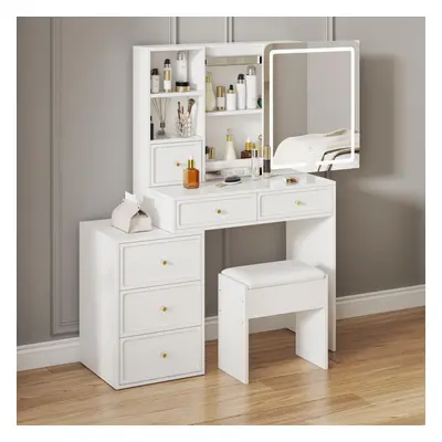 Dressing Table with Mirror and Stool, Vanity Table Makeup Desk with Sliding Lights Mirror, Drawe