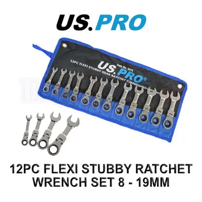 US PRO Tools 12pc Metric Stubby Flexi Ring Gear Ratchet Spanner Wrench Set 8-19mm