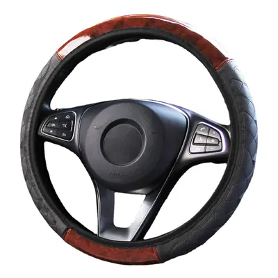 (Grey) Wood Grain Leather Car Steering Wheel Cover Protective Cover Universal Non-slip