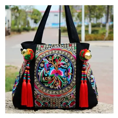 Embroidery Tassel Shoulder Bag Womens Casual Canvas Bag