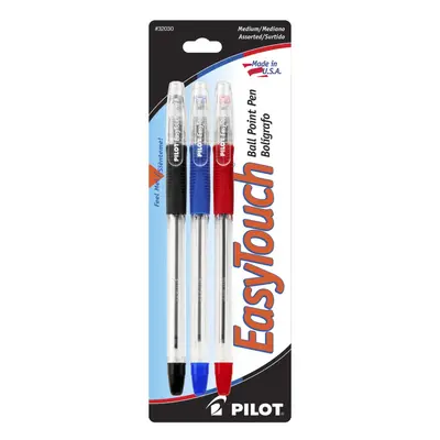 PILOT EasyTouch Ballpoint Stick Pens Medium Point Black/Blue/Red Inks 3-Pack (32030)