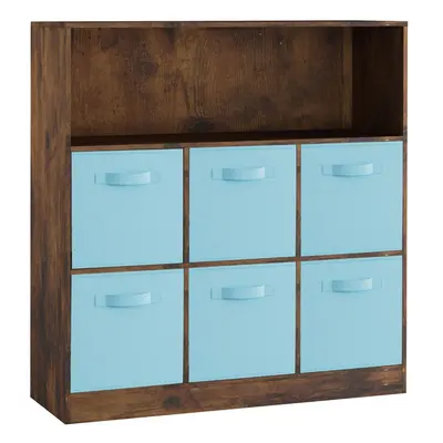 (Rustic Brown, Sky Blue) Wooden Cubed Bookcase Units Shelves Drawers