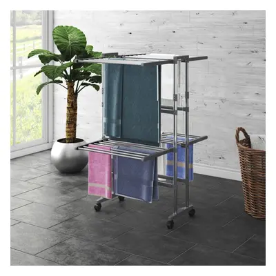 vidaXL 2-Tier Laundry Drying Rack with Wheels Silver 60x70x106 cm