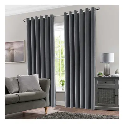 (Grey, 90" x 90" (228cm x 228cm)) Thick Heavy Velvet Curtain PAIR Eyelet Ring Top Fully Lined Re