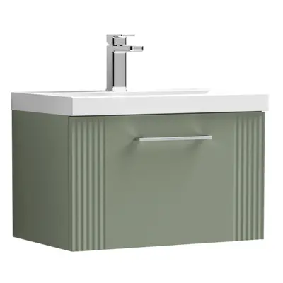 Retro Drawer Wall Hung Vanity Unit with Thin-Edge Tap Hole Ceramic Basin - 600mm - Satin Green -