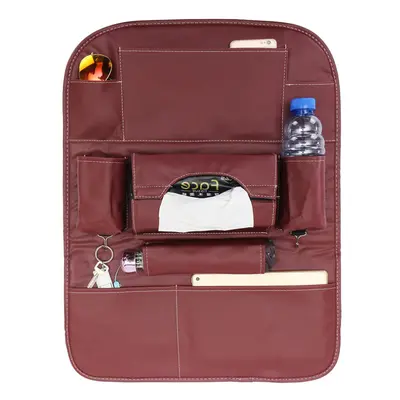 (Claret) PU Leather Car Seat Back Storage Multi-functional Multi Pocket Phone Cup Holder Organiz