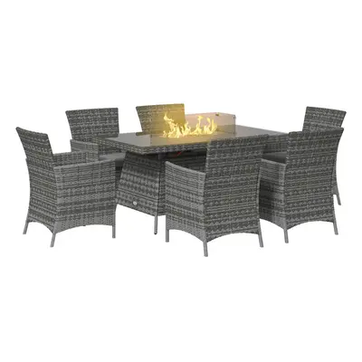 Outsunny Rattan Dining Set with Fire Pit Table and Armchairs, Grey