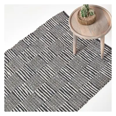 (150 x cm) Black & White Real Leather Handwoven Striped Block Check Rug