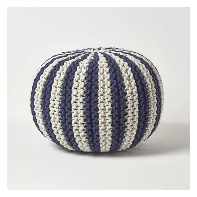 (Navy & Off White, x cm) Knitted Pouffe Striped Footstool