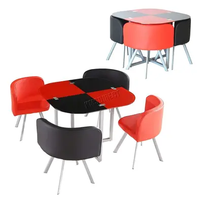 Red Black GLASS DINING TABLE with FAUX LEATHER CHAIRS,SPACE SAVER