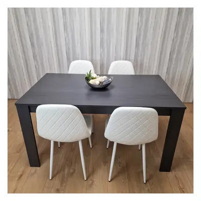 Dining Table In Dark Grey and White Stitched Chairs