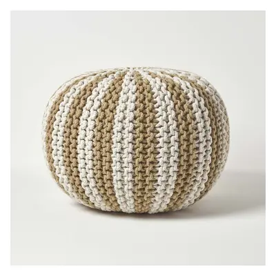 (Linen & Off White, x cm) Knitted Pouffe Striped Footstool