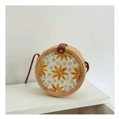 (Shell shoulder bag-yellow flower) Vietnam Aki Rattan Woven INS Wind Round Color Shell Stitching