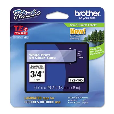 Brother TZE145 TZe Standard Adhesive Laminated Labeling Tape 3/4w White on Clear