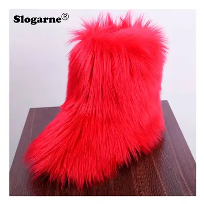 (41, Red) Women's Winter Fluffy Faux Fox Fur Boots Woman Plush Warm Snow Boots Luxury Footwear G