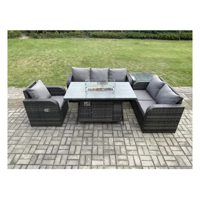 Fimous Garden Patio Furniture Wicker Rattan Gas Fire Pit Table and Sofa Chair set with Side Tabl