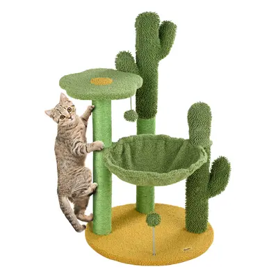 PawHut Cactus Tree for Indoor Cats, Modern Cat Tower with Hammock, Green