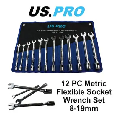 US PRO 12pc Flexi Head Socket / Open End Wrench Spanner Set - 19mm