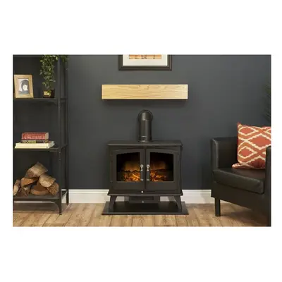 Adam Oak Beam, Hearth & Stove Pipe with Woodhouse Stove in Black