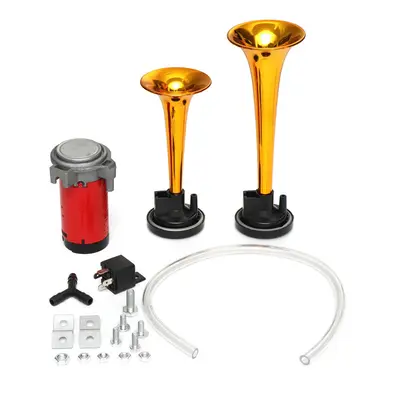 (Gold) 12V 178DB Air Horn Dual Trumpet Ultra Loud Universal For Train Trailer Truck Motorcycle