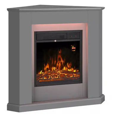 (Complete Set Grey) Modern Corner Electric Fireplace with Remote Control, Triangle LED Log Fire,