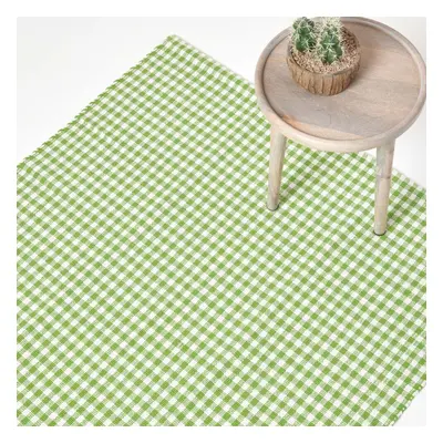 (110 x cm, Green) Cotton Gingham Check Rug Hand Woven