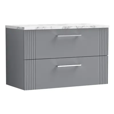 Retro Drawer Wall Hung Vanity Unit with Carrera Marble Laminate Worktop - 800mm - Satin Grey - B