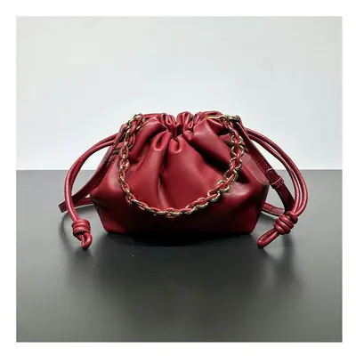 (Burgundy, 23-5.5-17cm) New Chinese Messenger Women's Bag Cowhide Blessing Bag Bucket Bag Pumpin