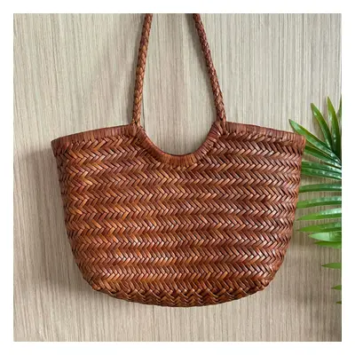 (deep brown big) Top layer cow woven bag, genuine leather French vegetable basket bag