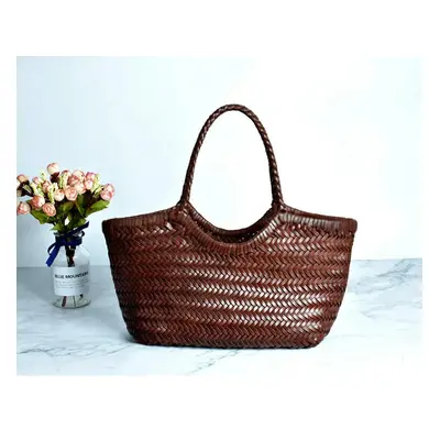 (coffee small) Top layer cow woven bag, genuine leather French vegetable basket bag