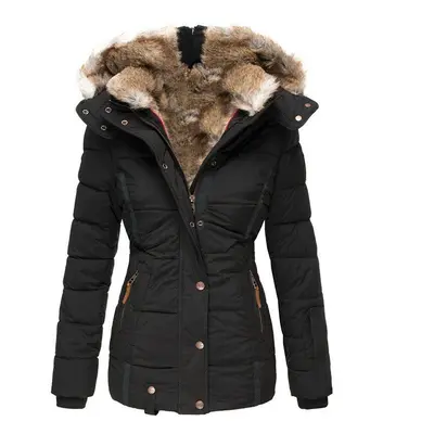 (M, black) Women's Winter Warm Fur Collar Cotton Zippered Long-sleeved Slim Hooded Cotton Coat