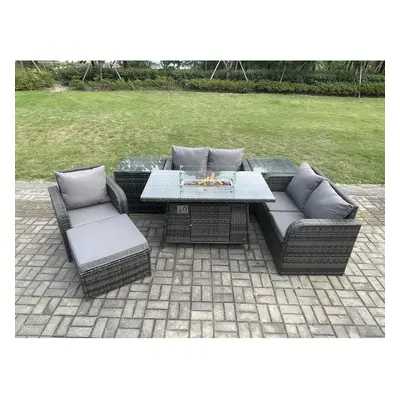 Fimous Rattan Garden Furniture Set with Gas Fire Pit Dining Table,2 Side Tables and Big Footstoo