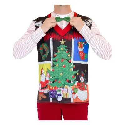 Faux Real Men's 3D Photo-Realistic Ugly Christmas Sweater Long Sleeve T-Shirt Noel Vest Bow Tie 