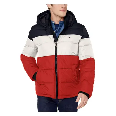 Tommy Hilfiger Mens Hooded Puffer Jacket MidnighticeOrange color Bloc