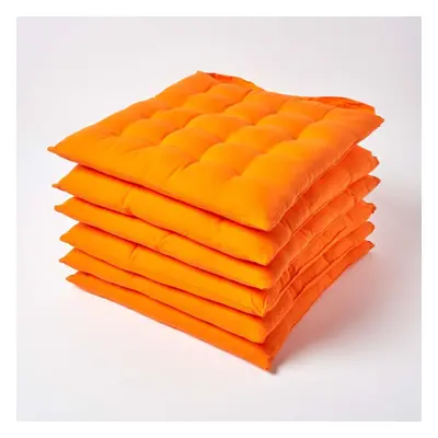 (Set of 6, Orange) Plain Seat Pad with Button Straps 100% Cotton