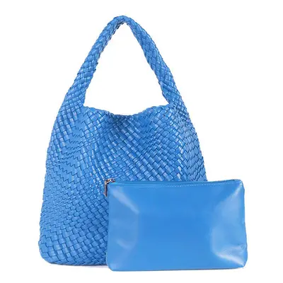 (Blue) MOOWOO Fashion Ladies Bag Woven Bag PU Leather Cute Handbag Vegetable Basket Carry Tote B