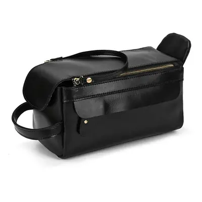 (9522 Black) Genuine leather toiletry travel bag for men women black luxury style makeup bags fe