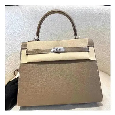 (grey, Golden hardware) Advanced Niche Light Luxury Brand Kelly Bag Wide Shoulder Strap Handbag 