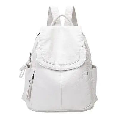 Women's Soft Leather Casual School Bag Washed Leather Backpack Girl Travel Small School Bag-Whit